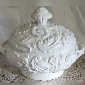 Elegant White Floral Embossed Terrine with Lid